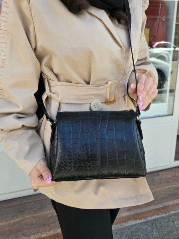 کیف چرم سه طبله بزرگ مشکی سنگی