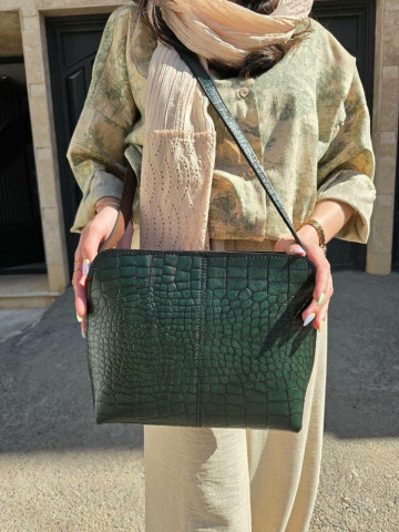 کیف چرم جلو دوخت سبز سنگی