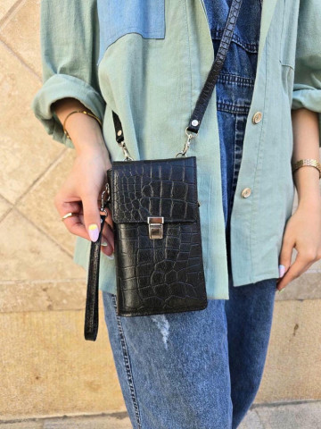 کیف چرم پاسپورتی دور زیپ مشکی سنگی