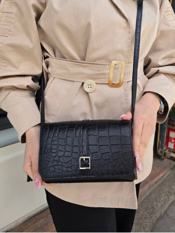 کیف چرم بغل پرچ مشکی تمام سنگی بزرگ