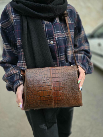 کیف چرم سه طبله بزرگ قهوه ای فندقی سنگی