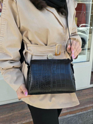 کیف چرم سه طبله کوچک مشکی سنگی