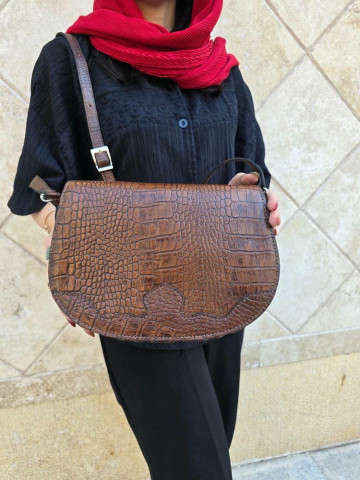 کیف چرم موج قهوه ای طلایی تمام سنگی
