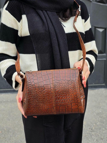 کیف چرم سه طبله کوچک قهوه ای عسلی سنگی