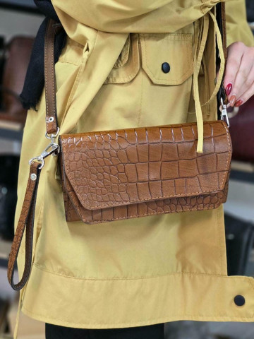 کیف چرم بهار فندوقی سنگی لبه صاف