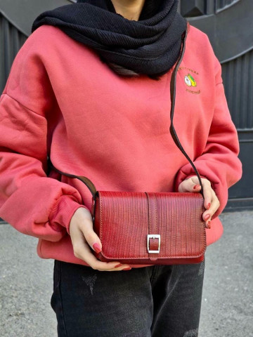 کیف چرم بغل پرچ قرمز ابر و بادی تیره لیزارد بزرگ